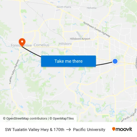 SW Tualatin Valley Hwy & 170th to Pacific University map