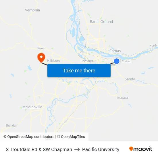 S Troutdale Rd & SW Chapman to Pacific University map