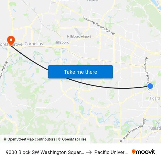 9000 Block SW Washington Square Rd to Pacific University map