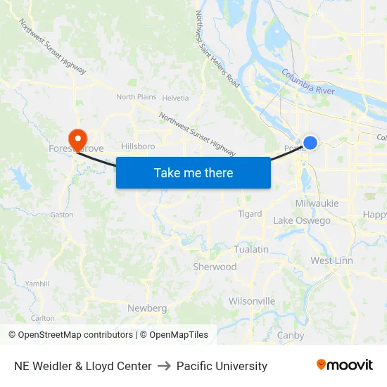 NE Weidler & Lloyd Center to Pacific University map