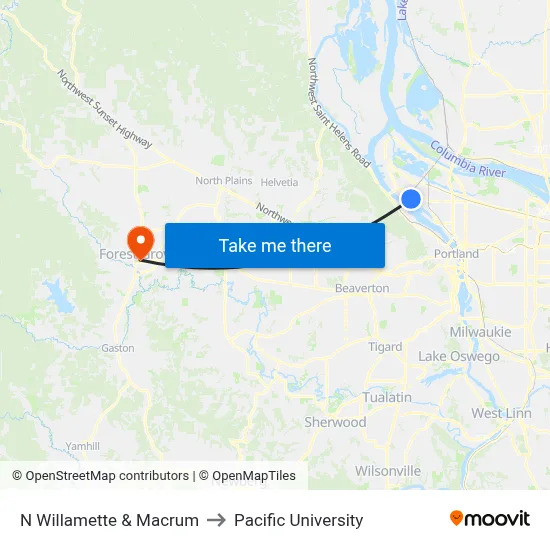 N Willamette & Macrum to Pacific University map