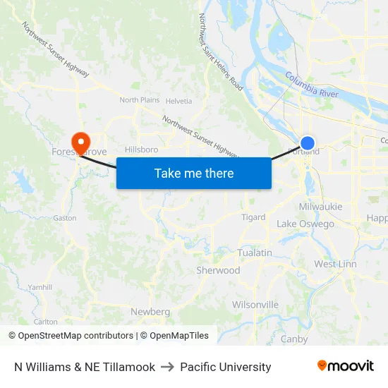 N Williams & NE Tillamook to Pacific University map