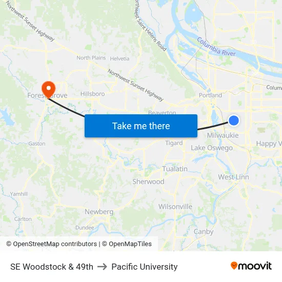 SE Woodstock & 49th to Pacific University map