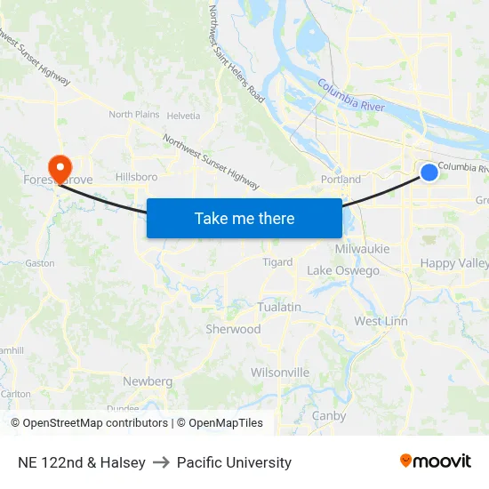 NE 122nd & Halsey to Pacific University map