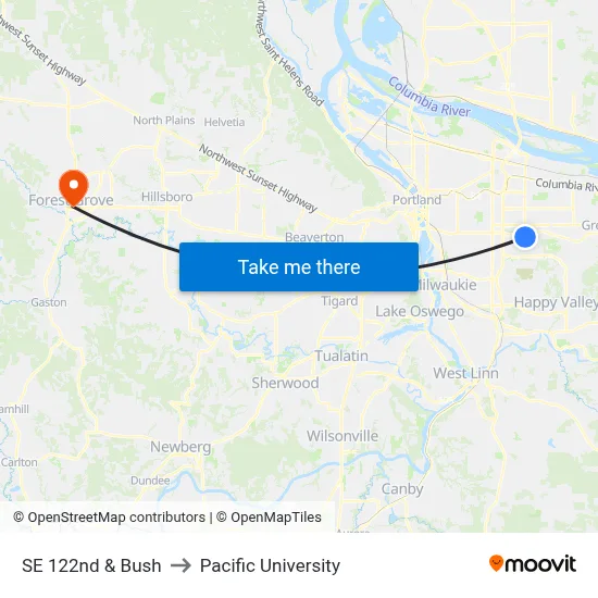 SE 122nd & Bush to Pacific University map