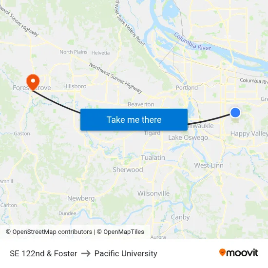 SE 122nd & Foster to Pacific University map