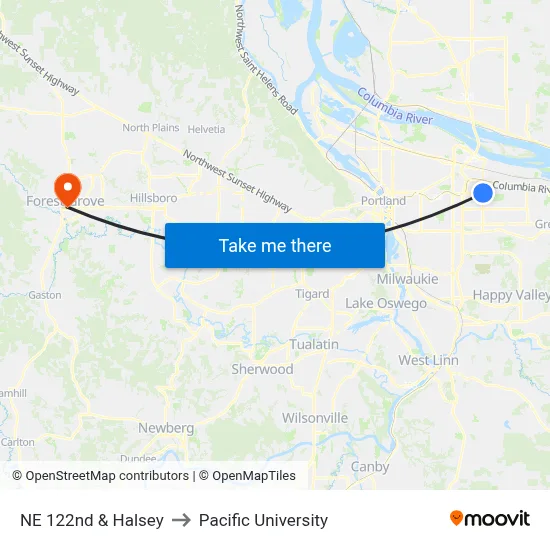 NE 122nd & Halsey to Pacific University map