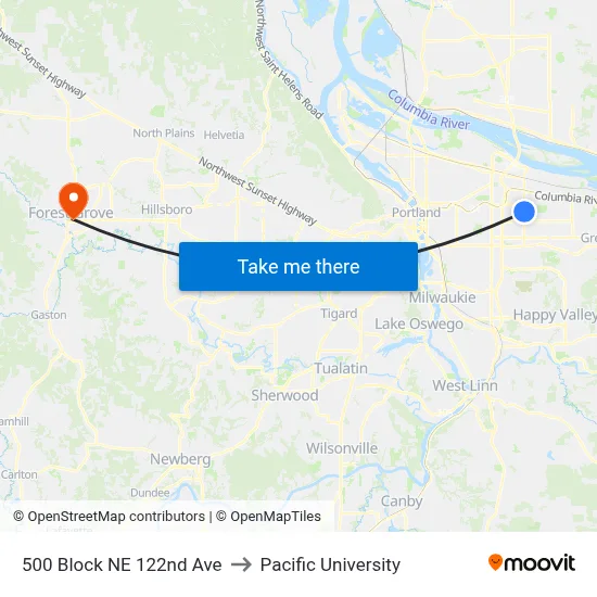 500 Block NE 122nd Ave to Pacific University map