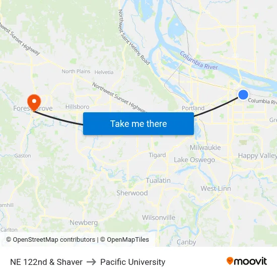NE 122nd & Shaver to Pacific University map