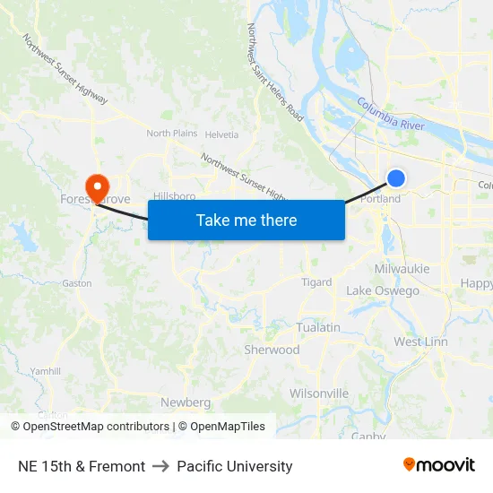 NE 15th & Fremont to Pacific University map