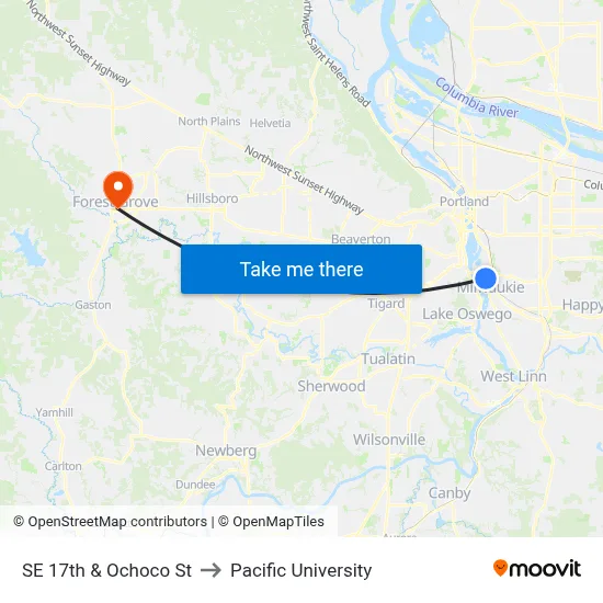 SE 17th & Ochoco St to Pacific University map