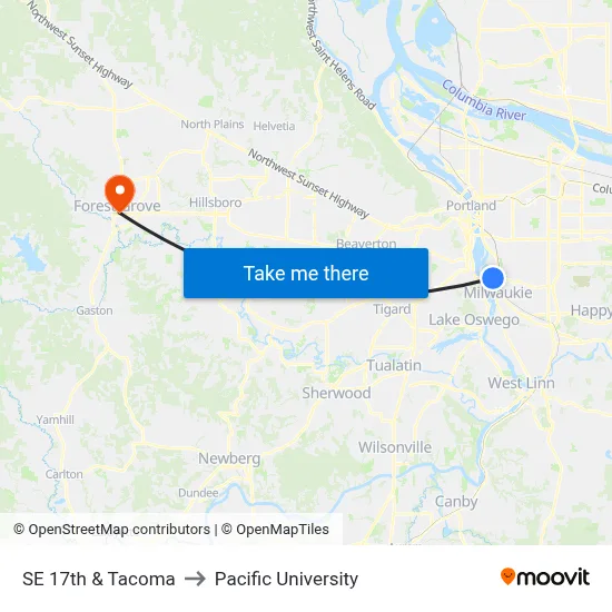 SE 17th & Tacoma to Pacific University map