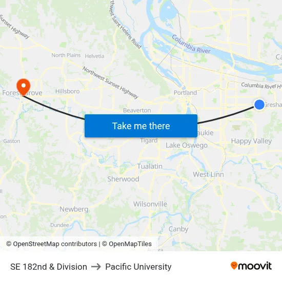 SE 182nd & Division to Pacific University map