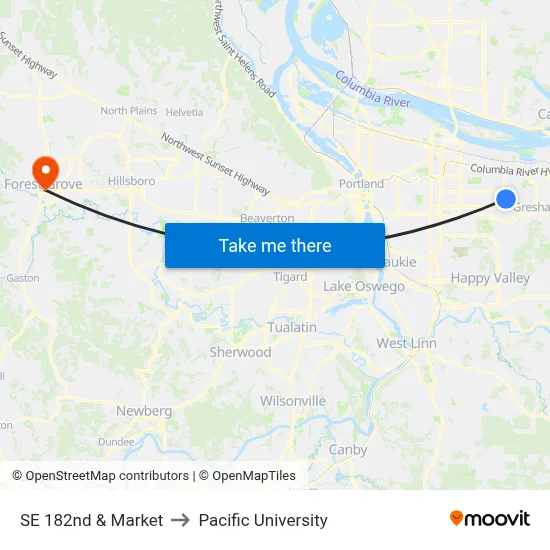 SE 182nd & Market to Pacific University map