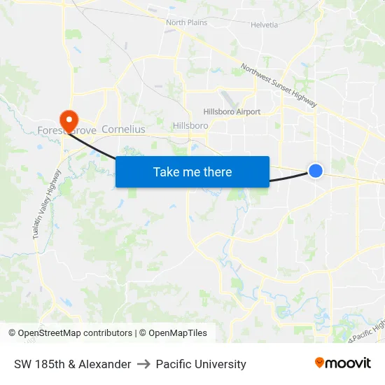 SW 185th & Alexander to Pacific University map