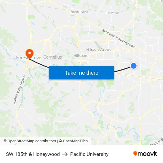 SW 185th & Honeywood to Pacific University map