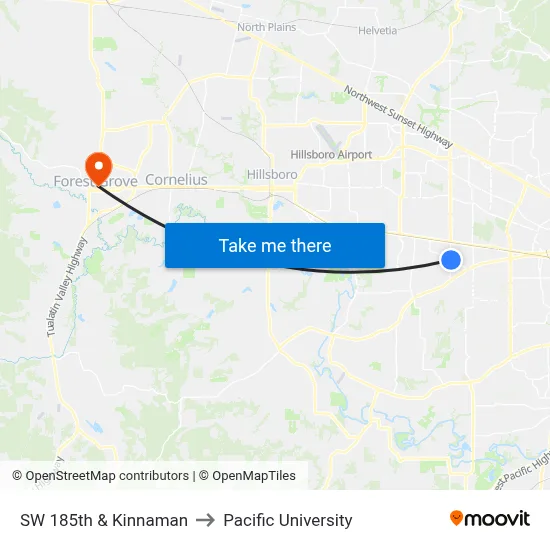 SW 185th & Kinnaman to Pacific University map