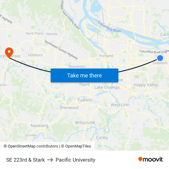 SE 223rd & Stark to Pacific University map