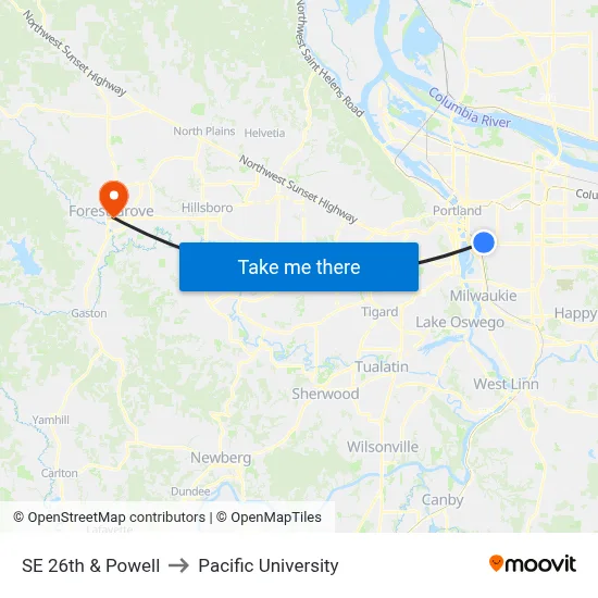 SE 26th & Powell to Pacific University map