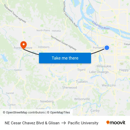 NE Cesar Chavez Blvd & Glisan to Pacific University map