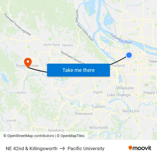 NE 42nd & Killingsworth to Pacific University map