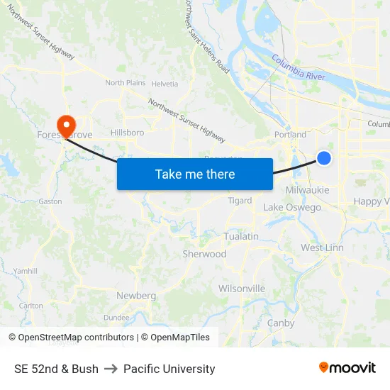 SE 52nd & Bush to Pacific University map