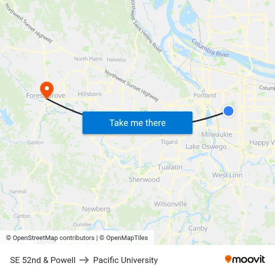 SE 52nd & Powell to Pacific University map