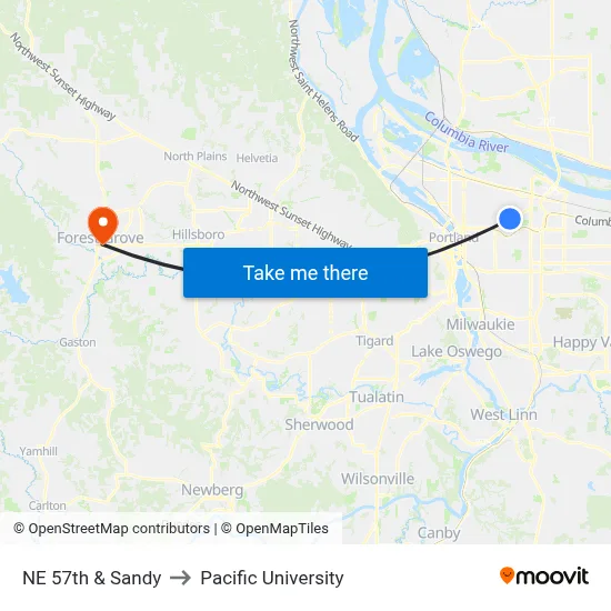 NE 57th & Sandy to Pacific University map