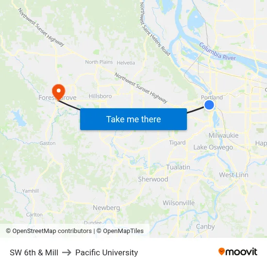 SW 6th & Mill to Pacific University map