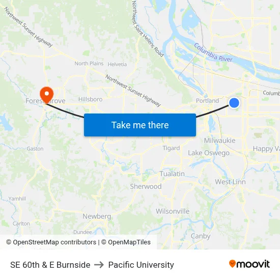 SE 60th & E Burnside to Pacific University map