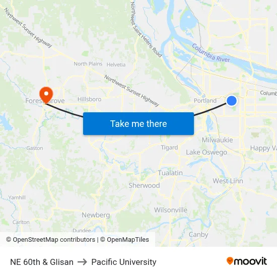 NE 60th & Glisan to Pacific University map
