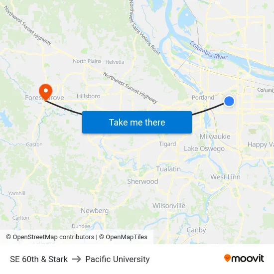 SE 60th & Stark to Pacific University map