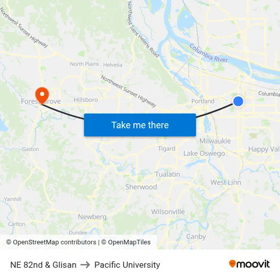 NE 82nd & Glisan to Pacific University map