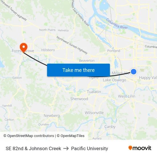 SE 82nd & Johnson Creek to Pacific University map