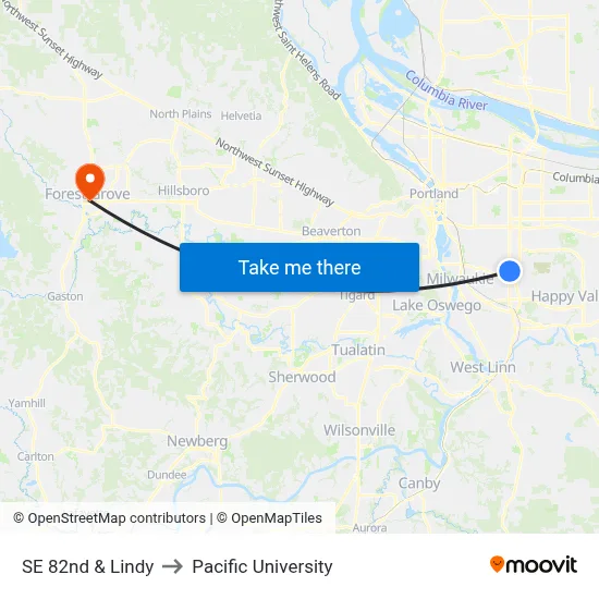 SE 82nd & Lindy to Pacific University map
