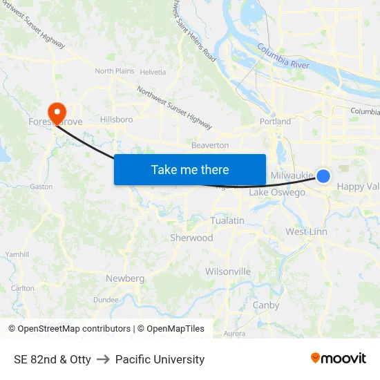 SE 82nd & Otty to Pacific University map
