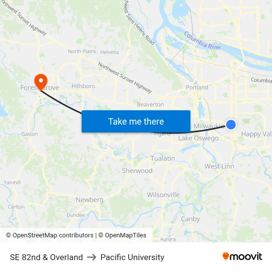 SE 82nd & Overland to Pacific University map