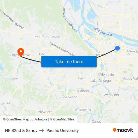 NE 82nd & Sandy to Pacific University map