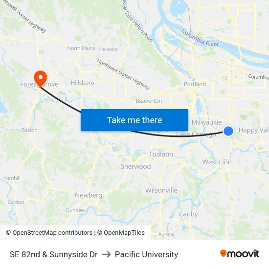 SE 82nd & Sunnyside Dr to Pacific University map