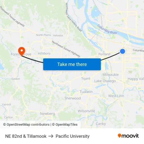NE 82nd & Tillamook to Pacific University map