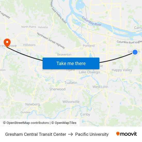Gresham Central Transit Center to Pacific University map