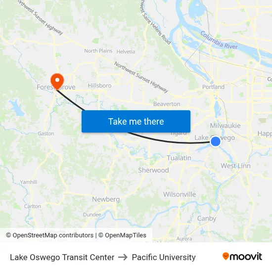 Lake Oswego Transit Center to Pacific University map