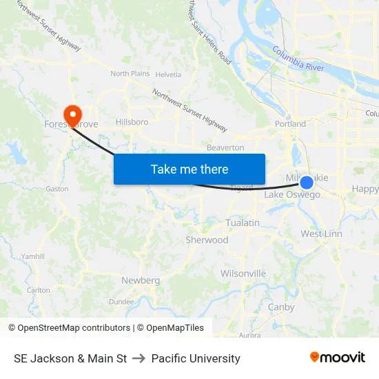 SE Jackson & Main St to Pacific University map