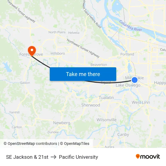 SE Jackson & 21st to Pacific University map