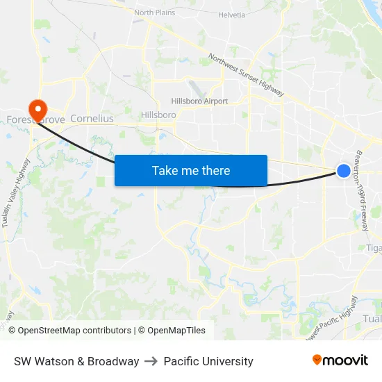 SW Watson & Broadway to Pacific University map