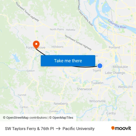 SW Taylors Ferry & 76th Pl to Pacific University map