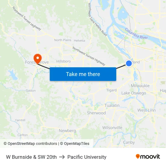 W Burnside & SW 20th to Pacific University map