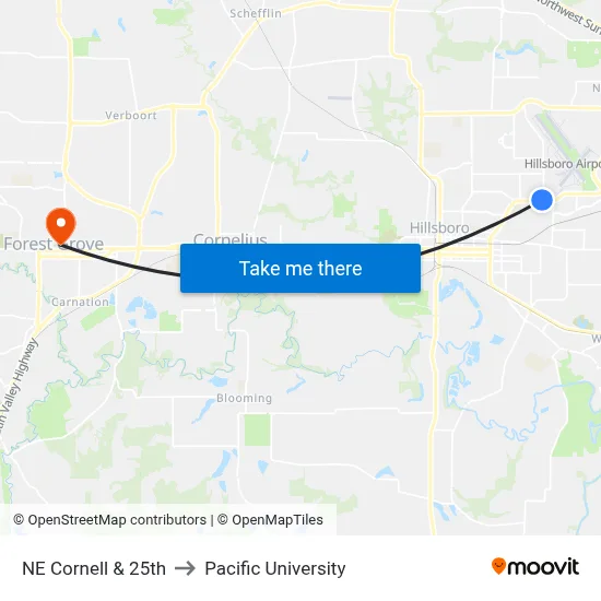 NE Cornell & 25th to Pacific University map