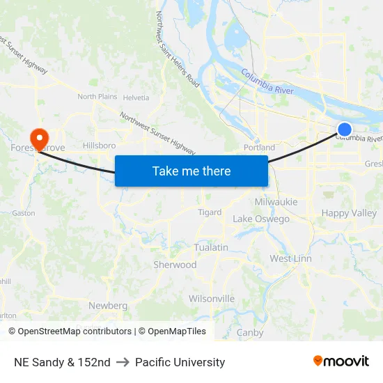 NE Sandy & 152nd to Pacific University map