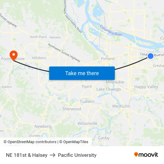 NE 181st & Halsey to Pacific University map